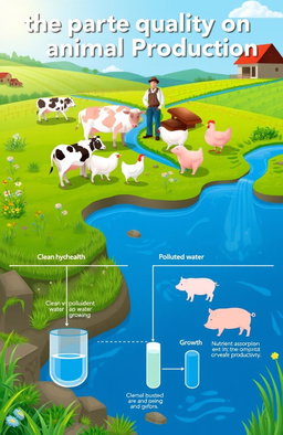 A scientific illustration depicting the impacts of water quality on animal production, featuring a farm landscape with healthy livestock like cows, chickens, and pigs thriving near clean water sources