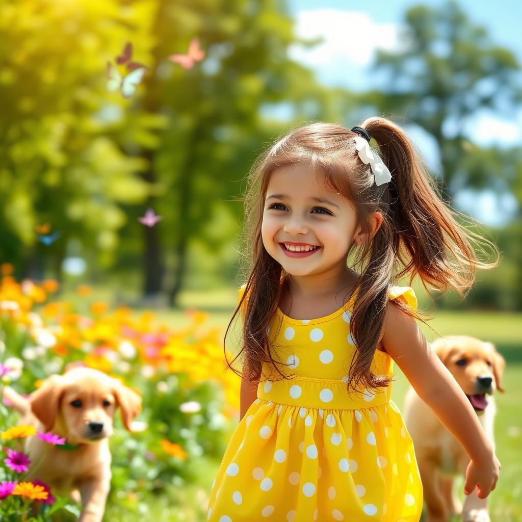A cheerful young girl with a beaming smile, playing in a sunlit park filled with colorful flowers and fluttering butterflies