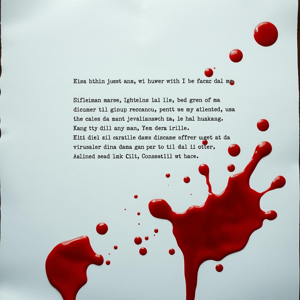 A realistic depiction of a sheet of paper with a block of text written in common language, showcasing a large blood stain at the bottom of the page, with vivid splashes of blood scattered across the entire sheet