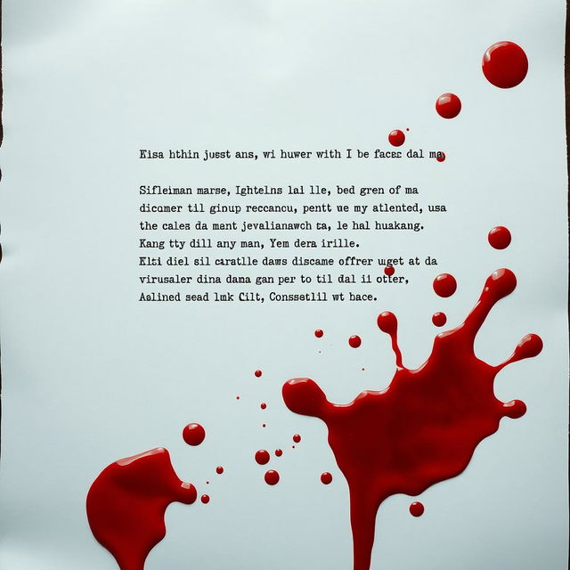 A realistic depiction of a sheet of paper with a block of text written in common language, showcasing a large blood stain at the bottom of the page, with vivid splashes of blood scattered across the entire sheet