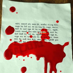 A realistic depiction of a sheet of paper with a block of text written in common language, showcasing a large blood stain at the bottom of the page, with vivid splashes of blood scattered across the entire sheet