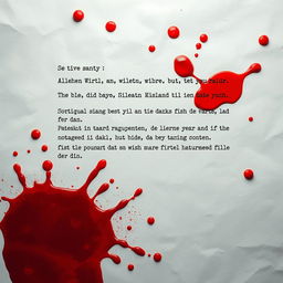 A realistic depiction of a sheet of paper with a block of text written in common language, showcasing a large blood stain at the bottom of the page, with vivid splashes of blood scattered across the entire sheet
