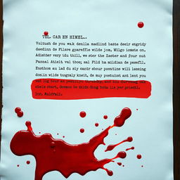 A realistic depiction of a sheet of paper with a block of text written in common language, showcasing a large blood stain at the bottom of the page, with vivid splashes of blood scattered across the entire sheet