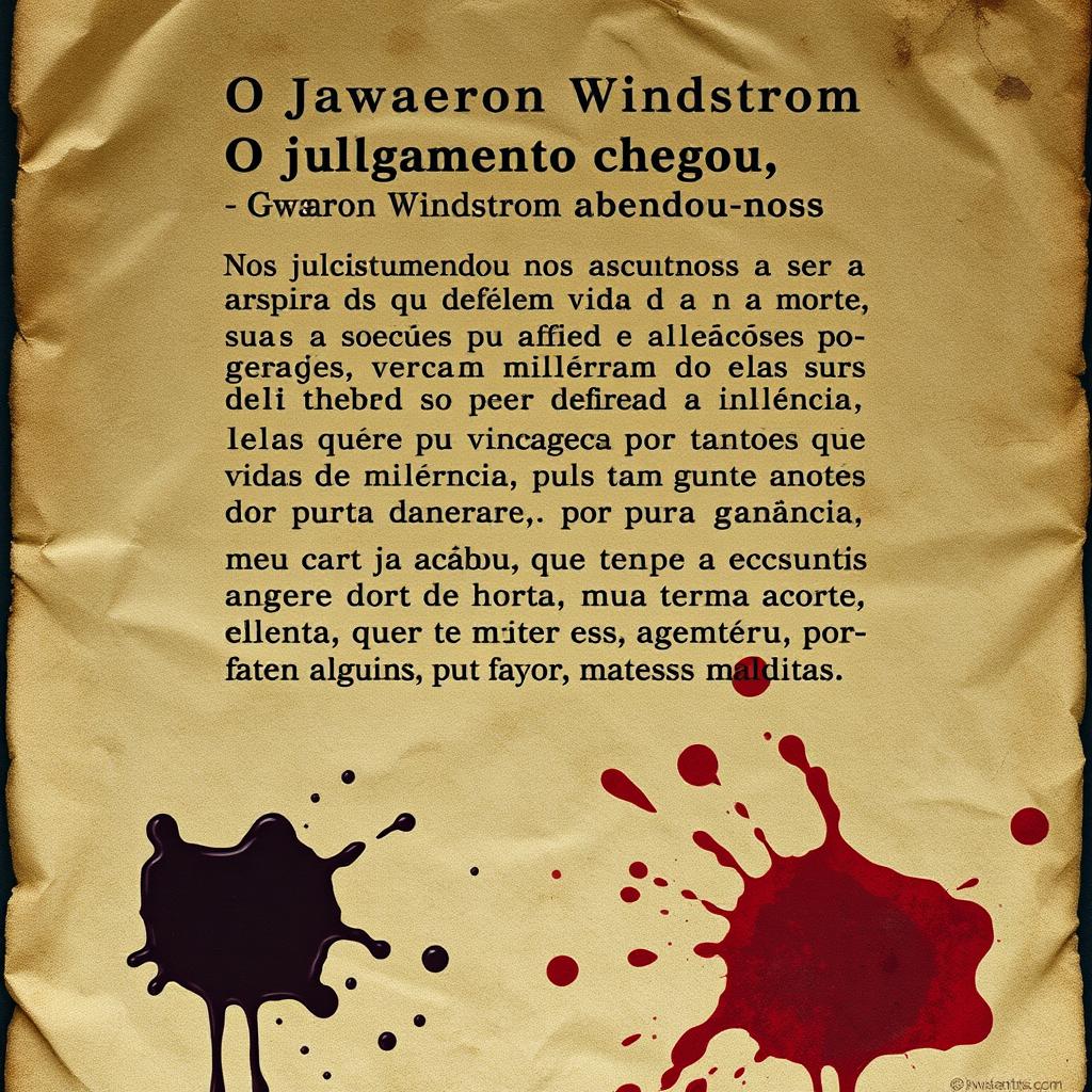 An old, crumpled sheet of paper covered in a grim text in common language