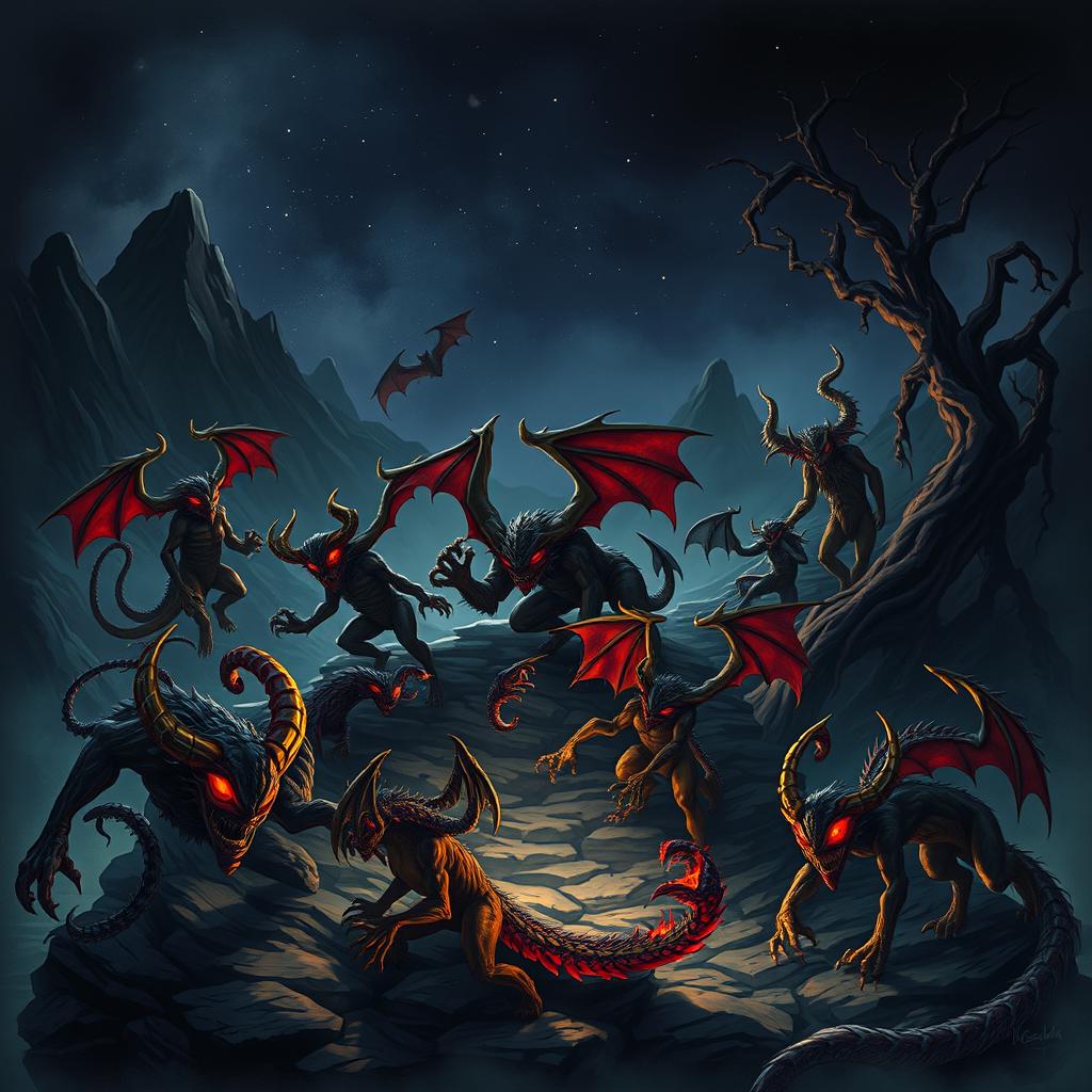 A dark and mystical landscape inhabited by various imaginative demons, each with unique features and colors