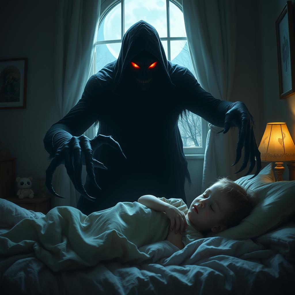 A sinister, shadowy figure with glowing red eyes, looming over a child sleeping in a cozy bedroom