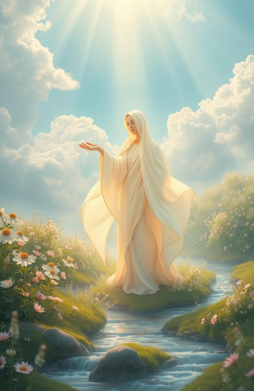 An ethereal depiction of the concept of mercy, personified as a graceful figure enveloped in flowing robes of soft pastel colors