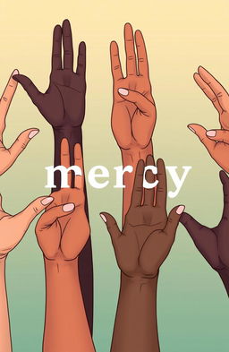 A close-up illustration of hands using American Sign Language (ASL) to spell the word "mercy"