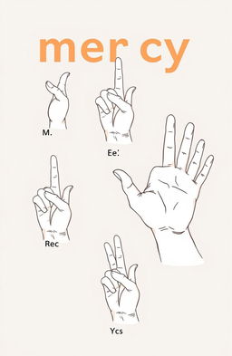 An illustrated guide displaying the American Sign Language (ASL) fingerspelling for the word 'mercy'