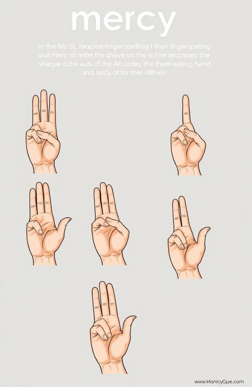 An illustrated guide displaying the American Sign Language (ASL) fingerspelling for the word 'mercy'