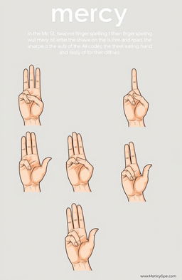 An illustrated guide displaying the American Sign Language (ASL) fingerspelling for the word 'mercy'