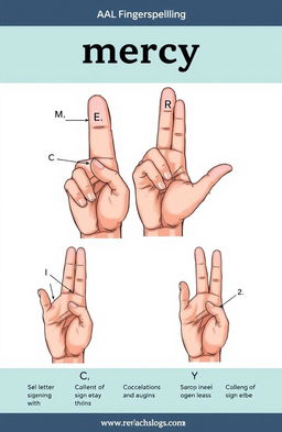 An illustrated guide displaying the American Sign Language (ASL) fingerspelling for the word 'mercy'
