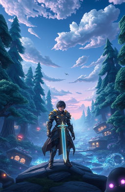 A stunning fantasy landscape inspired by Sword Art Online, featuring a vibrant, digitally rendered forest with towering trees and sparkling streams
