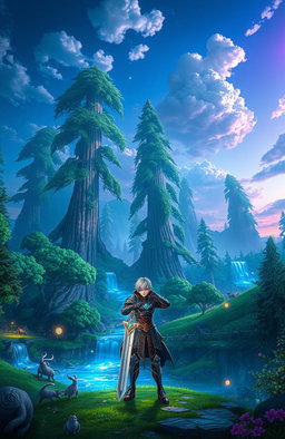 A stunning fantasy landscape inspired by Sword Art Online, featuring a vibrant, digitally rendered forest with towering trees and sparkling streams