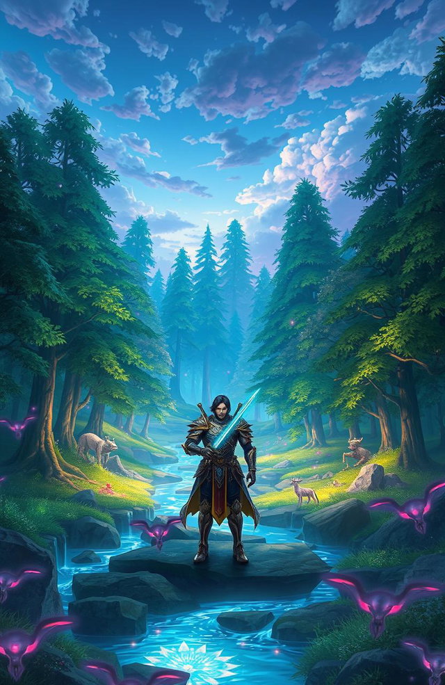 A stunning fantasy landscape inspired by Sword Art Online, featuring a vibrant, digitally rendered forest with towering trees and sparkling streams