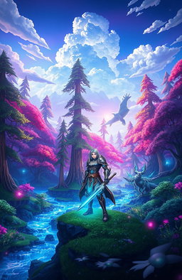 A stunning fantasy landscape inspired by Sword Art Online, featuring a vibrant, digitally rendered forest with towering trees and sparkling streams