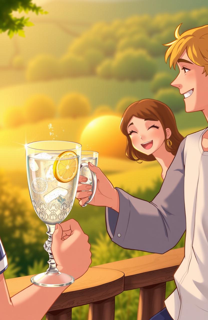 A serene scene depicting a kind individual offering a refreshing drink to another person who appears parched and grateful