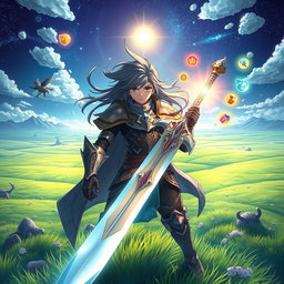 A captivating scene inspired by Sword Art Online, showcasing an expansive digital landscape filled with lush green meadows and distant mountains