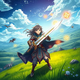 A captivating scene inspired by Sword Art Online, showcasing an expansive digital landscape filled with lush green meadows and distant mountains