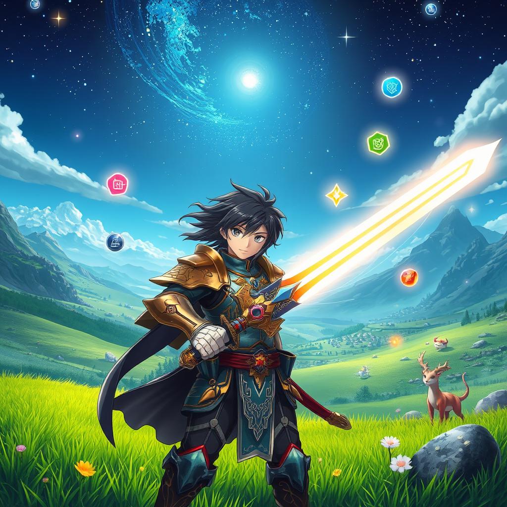 A captivating scene inspired by Sword Art Online, showcasing an expansive digital landscape filled with lush green meadows and distant mountains