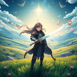 A captivating scene inspired by Sword Art Online, showcasing an expansive digital landscape filled with lush green meadows and distant mountains