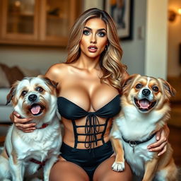 A stunningly attractive 30-year-old woman dressed in a sexy outfit that showcases her ample cleavage