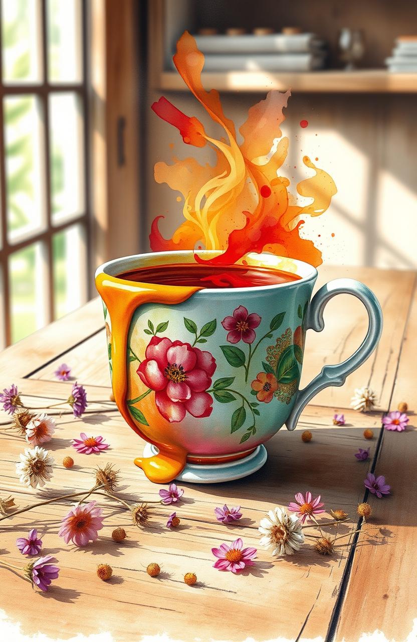 A beautiful watercolor painting of a ceramic cup overflowing with a vibrant tea or coffee, the liquid cascading down the sides