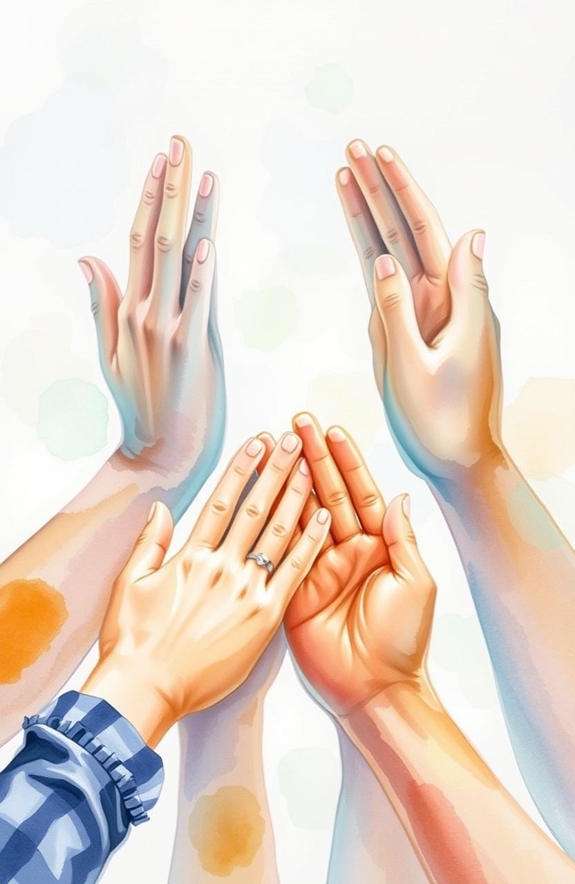 A beautiful watercolor painting depicting hands helping each other in a gentle and nurturing way
