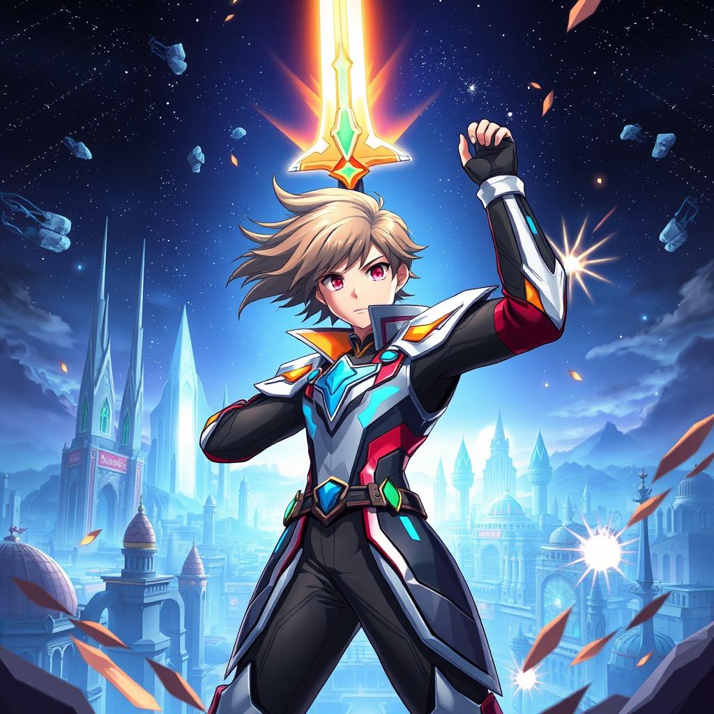 A dynamic action scene inspired by Sword Art Online featuring a young male character positioned in the center of the image