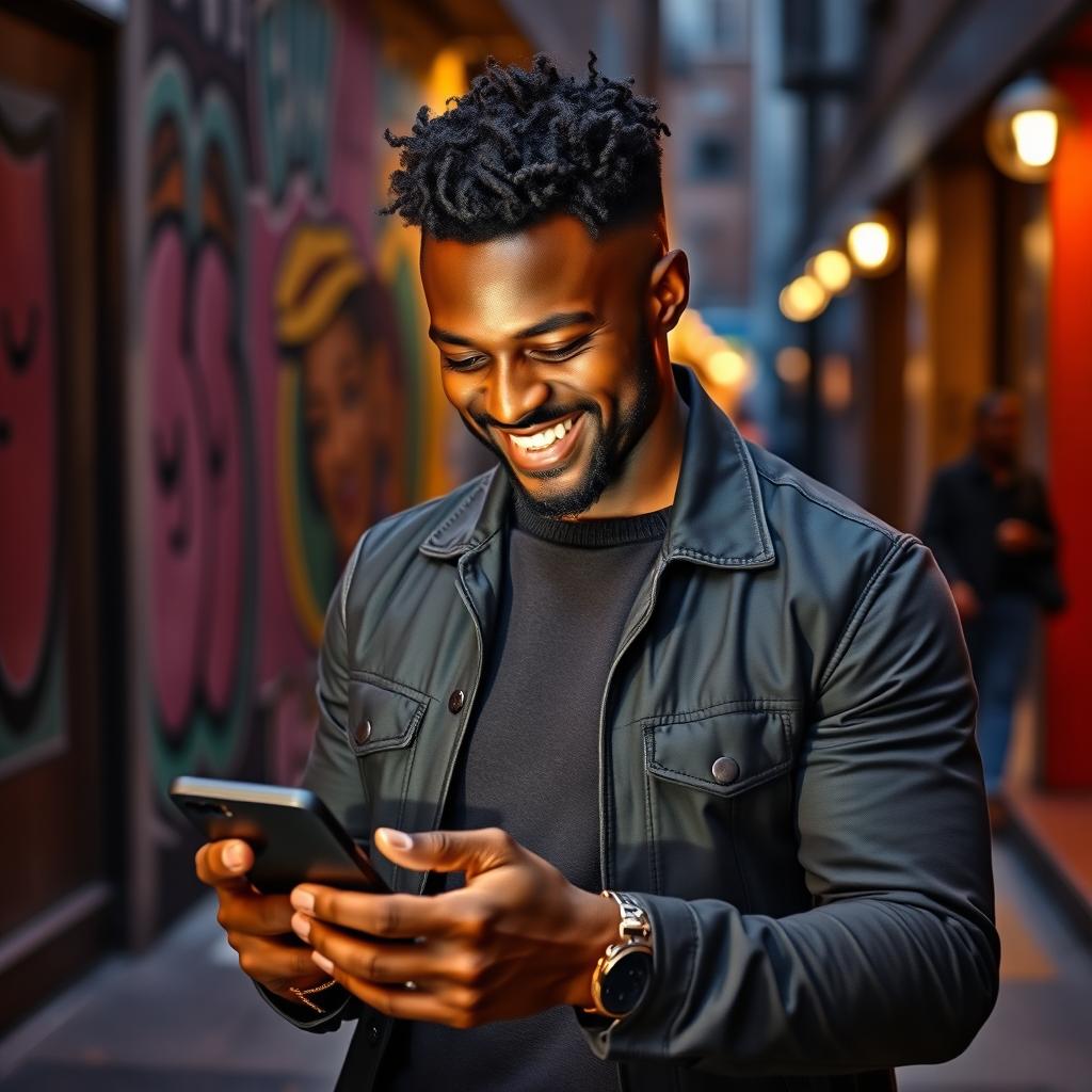 A confident and charismatic black man engaging with his phone, smiling while using social media for dating