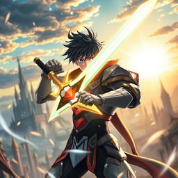 A dynamic action scene inspired by Sword Art Online featuring a young male character positioned in the center of the composition