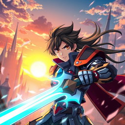 A dynamic action scene inspired by Sword Art Online featuring a young male character positioned in the center of the composition