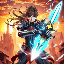 A dynamic action scene inspired by Sword Art Online featuring a young male character positioned in the center of the composition