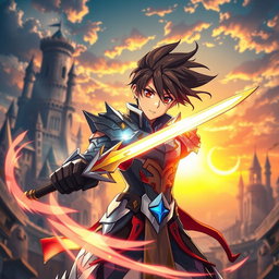 A dynamic action scene inspired by Sword Art Online featuring a young male character positioned in the center of the composition