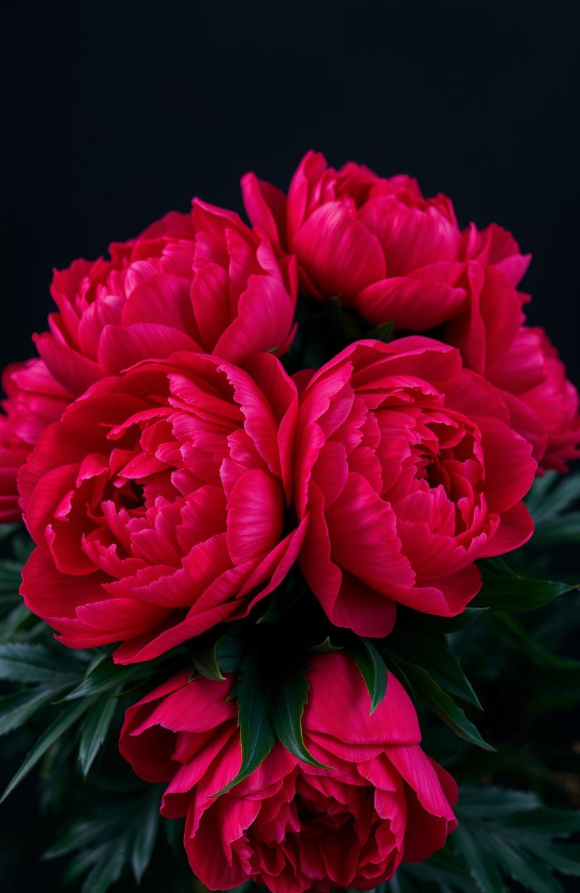 A stunning arrangement of vibrant, richly colored peonies, splattered with bright red hues that resemble blood, set against a contrasting dark background