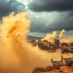 A village standing in the background, being approached by a swirling sandstorm from the left