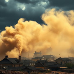 A village standing in the background, being approached by a swirling sandstorm from the left