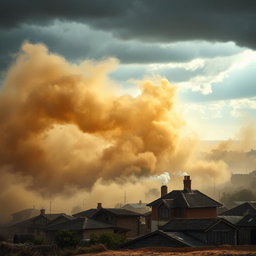 A village standing in the background, being approached by a swirling sandstorm from the left