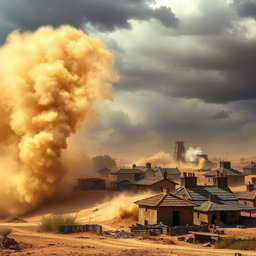 A village standing in the background, being approached by a swirling sandstorm from the left