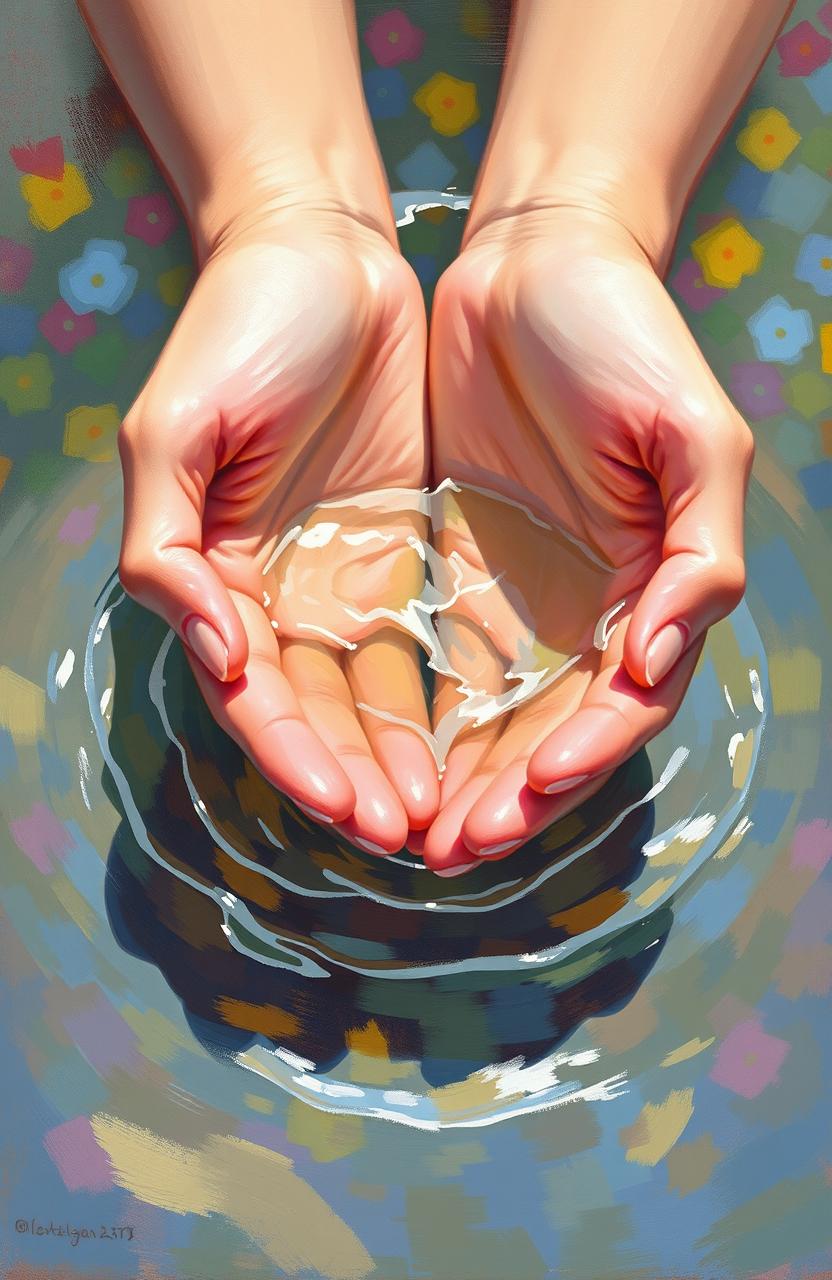 A beautiful impressionist painting of hands overflowing with water, capturing a serene moment