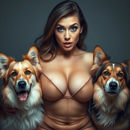 A beautiful 30-year-old woman with an attractive and sultry appearance, dressed in a sexy outfit that emphasizes her large bosom and plunging neckline