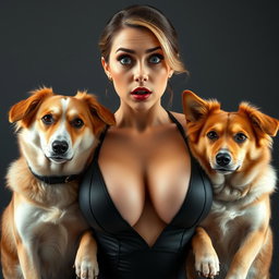 A beautiful 30-year-old woman with an attractive and sultry appearance, dressed in a sexy outfit that emphasizes her large bosom and plunging neckline