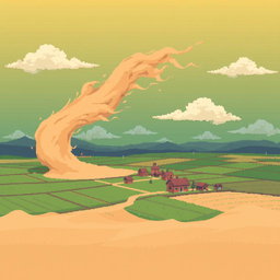 A pixel art scene depicting a village set in fields, with a swirling sandstorm approaching from the left