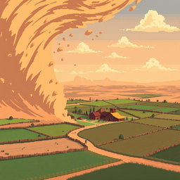 A pixel art scene depicting a village set in fields, with a swirling sandstorm approaching from the left