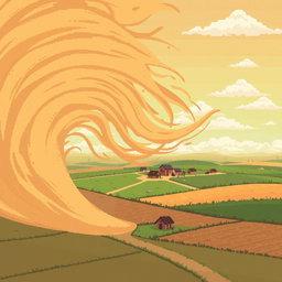 A pixel art scene depicting a village set in fields, with a swirling sandstorm approaching from the left