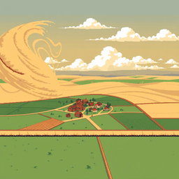 A pixel art scene depicting a village set in fields, with a swirling sandstorm approaching from the left
