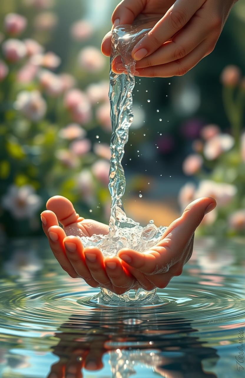 A beautiful impressionist scene in the style of Claude Monet, showcasing a pair of hands overflowing with water being poured into them from another set of hands
