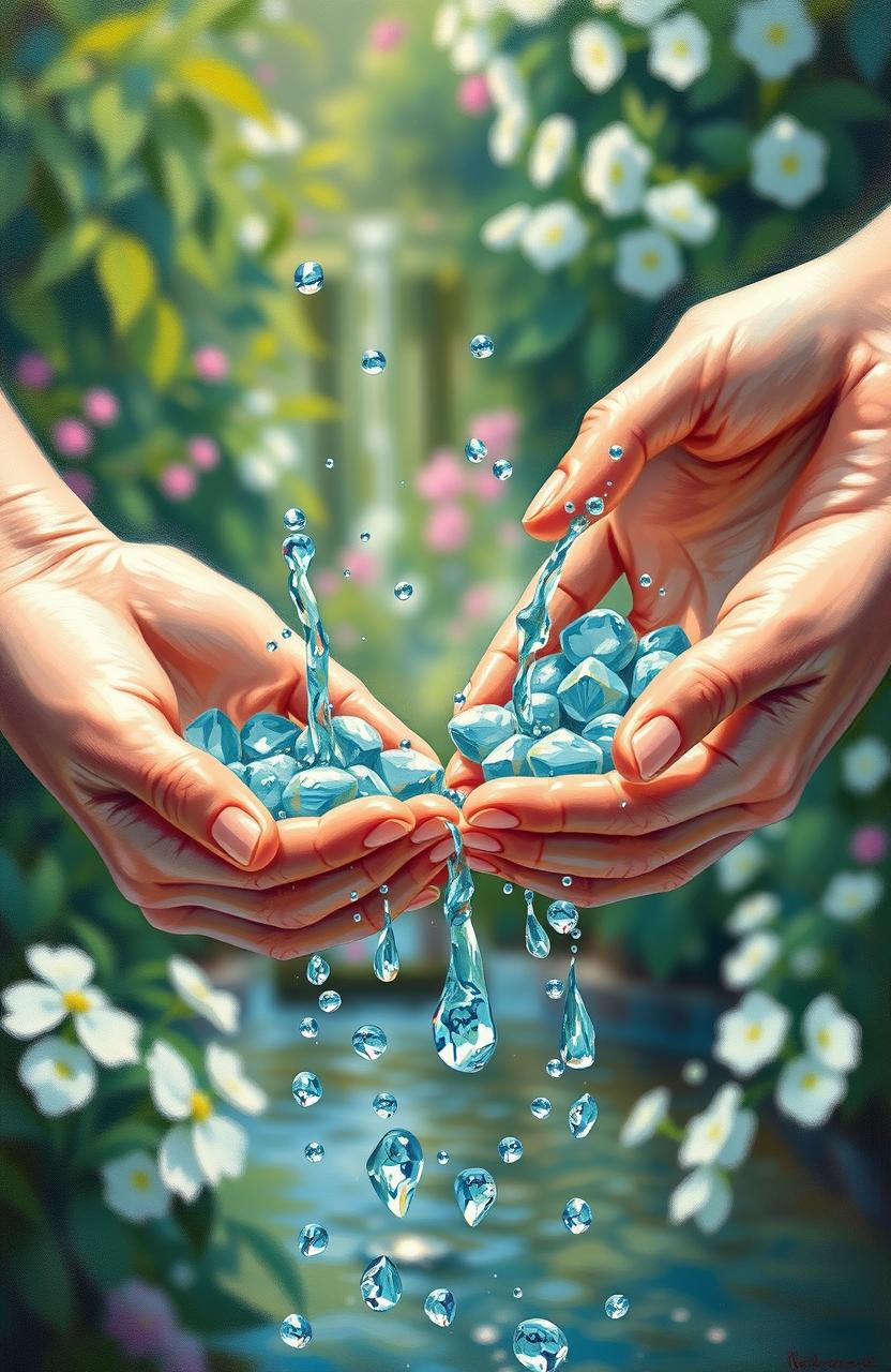 A beautiful impressionist scene inspired by Claude Monet, depicting two sets of hands gracefully pouring water into each other