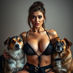 A stunning 30-year-old woman with an alluring appearance, dressed in a sexy outfit that showcases her ample cleavage and large breasts