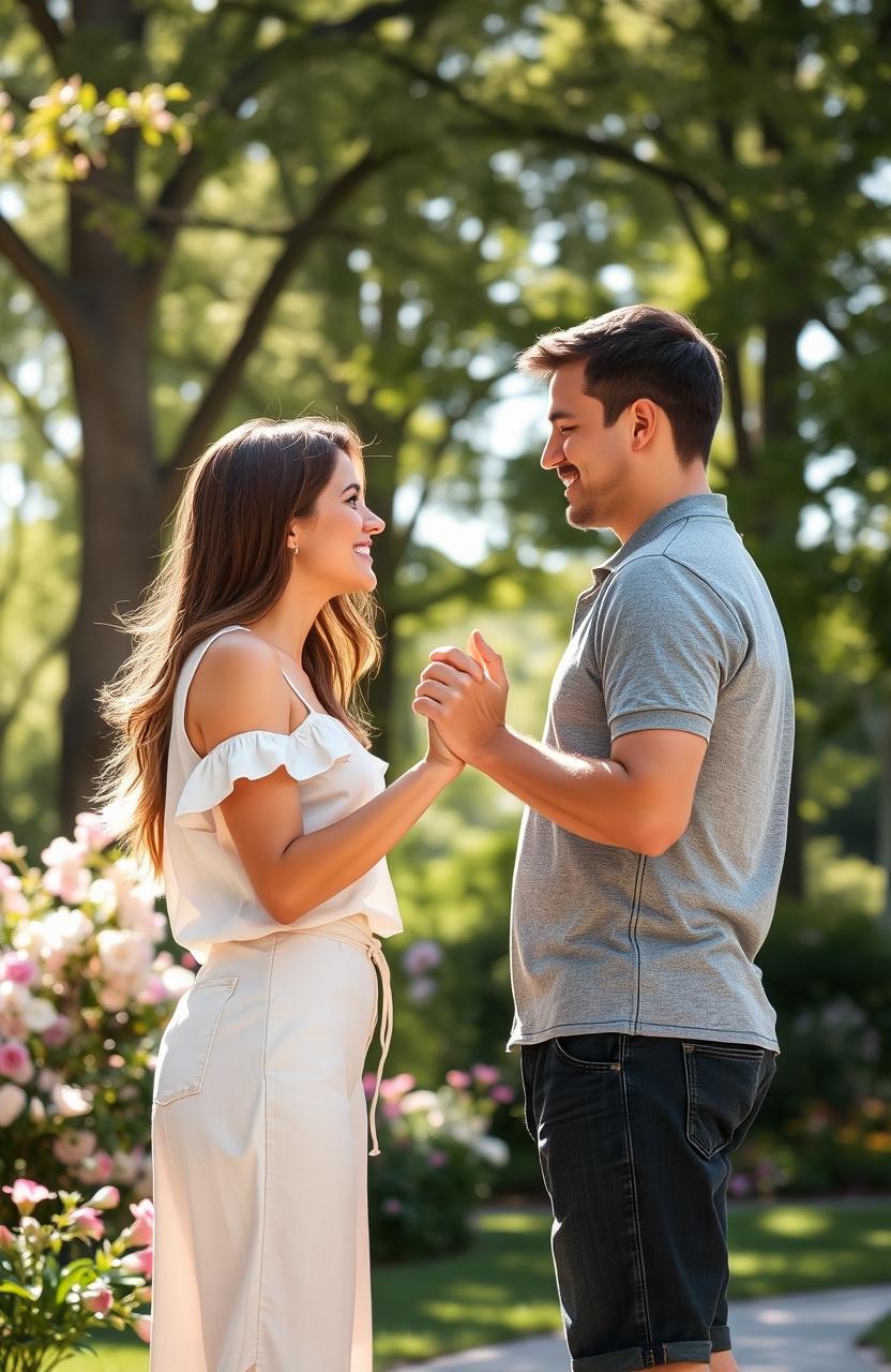 A romantic scene of two lovers holding hands tightly, expressing deep affection and connection